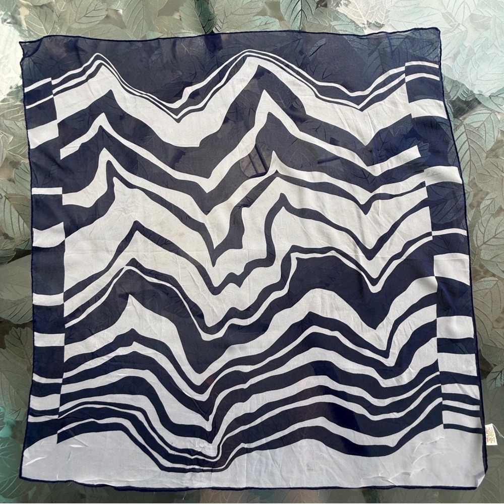 Vintage Triple Sheer Navy Blue White Abstract Wavy Stripe Rayon Scarf Japan